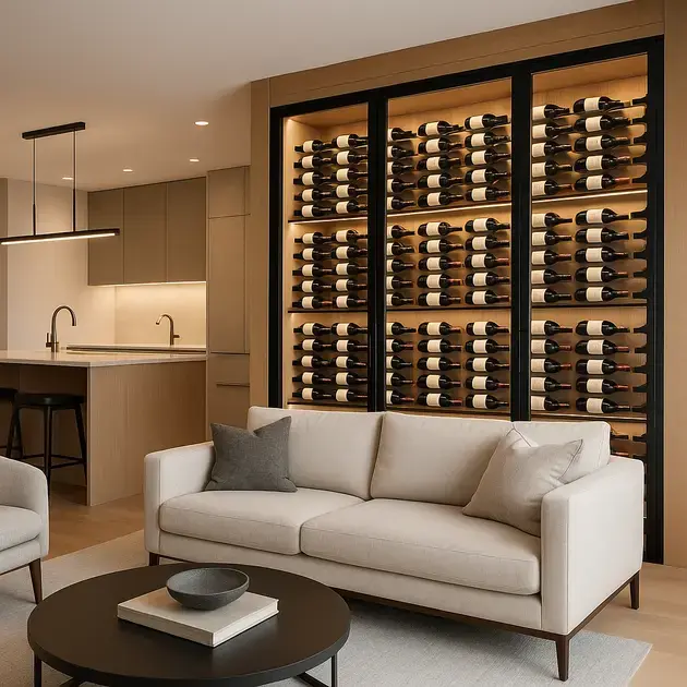 Adega integrada na sala de estar sob medida entre living e cozinha com portas de vidro e iluminação LED