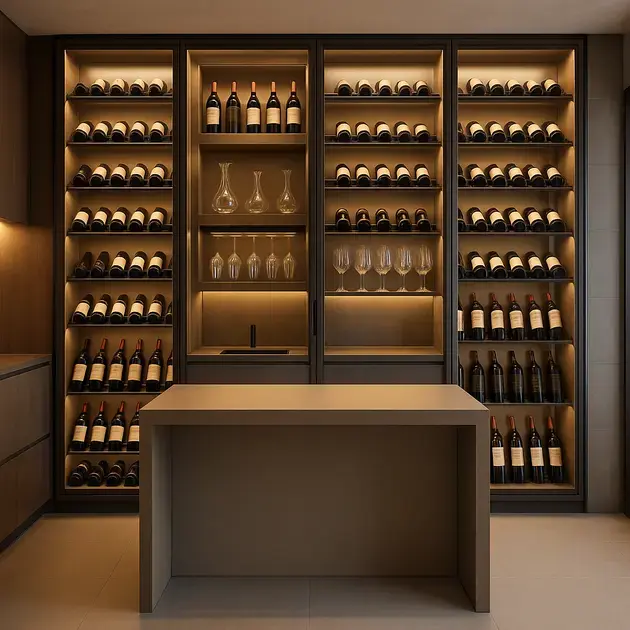 Adega integrada na sala de estar com porta de vidro espelhada e espaço para acessórios de vinho