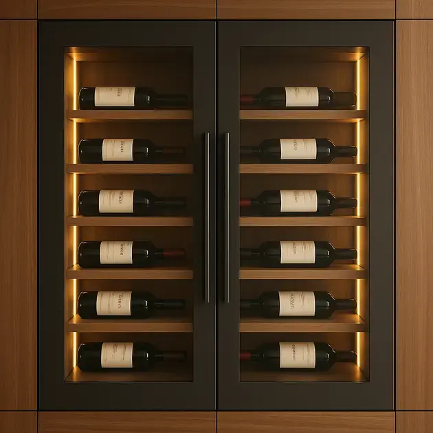 Iluminação suave destacando adega integrada na sala de estar com garrafas em evidência