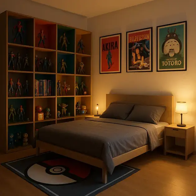 Decoração com acessórios para quarto geek em ambiente organizado e aconchegante