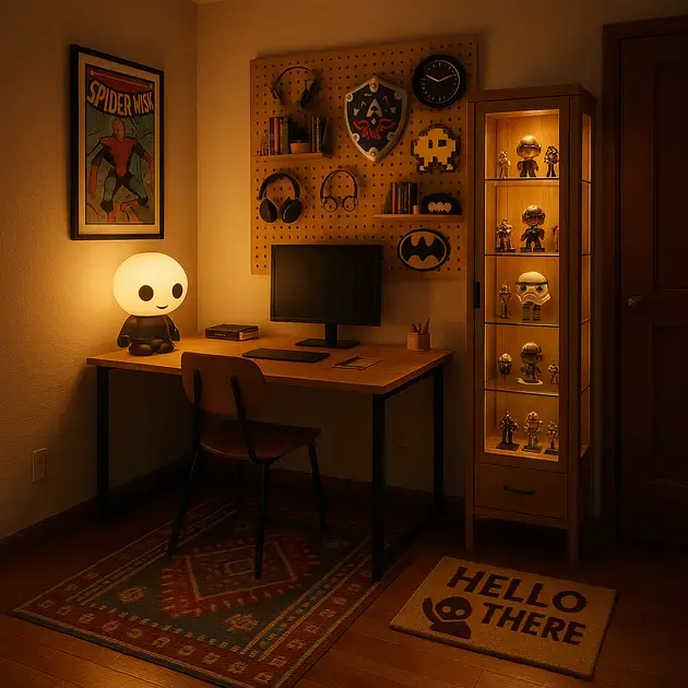 Estante iluminada com acessórios para quarto geek, coleções organizadas e tapete temático