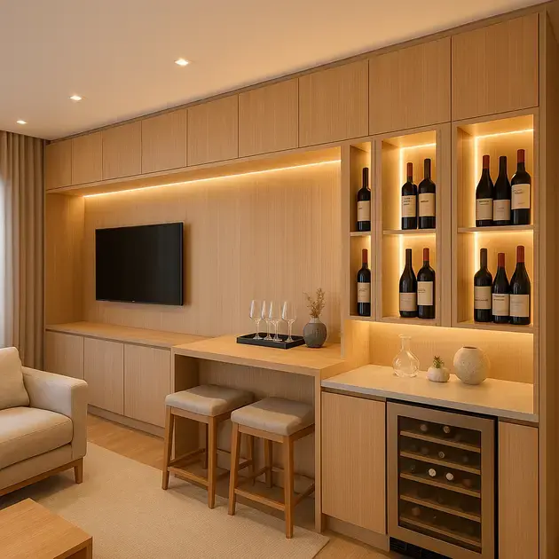 Ambiente sofisticado com adega planejada preço integrado ao projeto de interiores