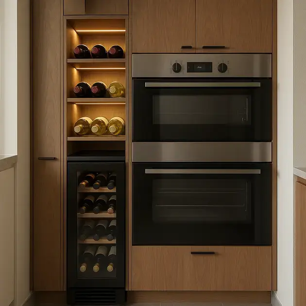 Adega planejada preço em cozinha compacta com nichos para vinhos integrados aos móveis