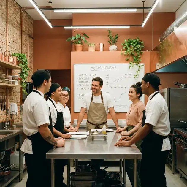 Equipe em restaurante com liderança criando ambientes de trabalho inspiradores e motivadores