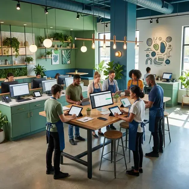 Layout moderno com tecnologia e colaboração em ambientes de trabalho inspiradores em restaurante