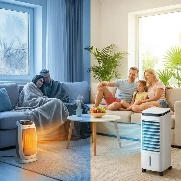 Pessoa escolhendo aquecedor e climatizador para ambientes pequenos em um quarto compacto