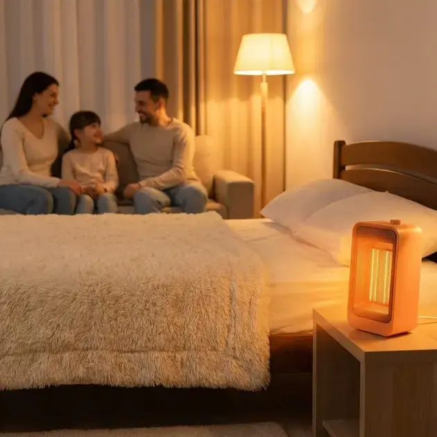 aquecedor eletrico ao lado da cama em quarto aconchegante durante noite fria para decidir aquecedor e climatizador: qual usar