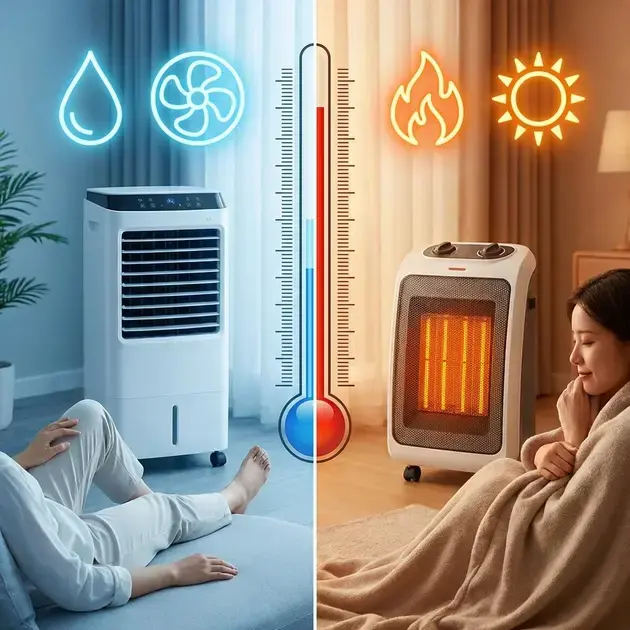 comparacao visual entre aquecedor e climatizador mostrando em quais ambientes usar cada equipamento