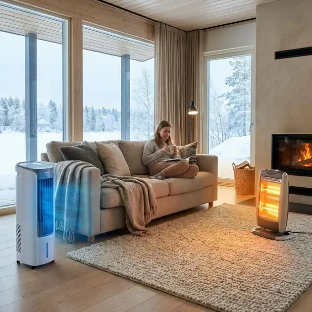 Sala de estar aconchegante com aquecedor ou climatizador para o inverno garantindo conforto térmico
