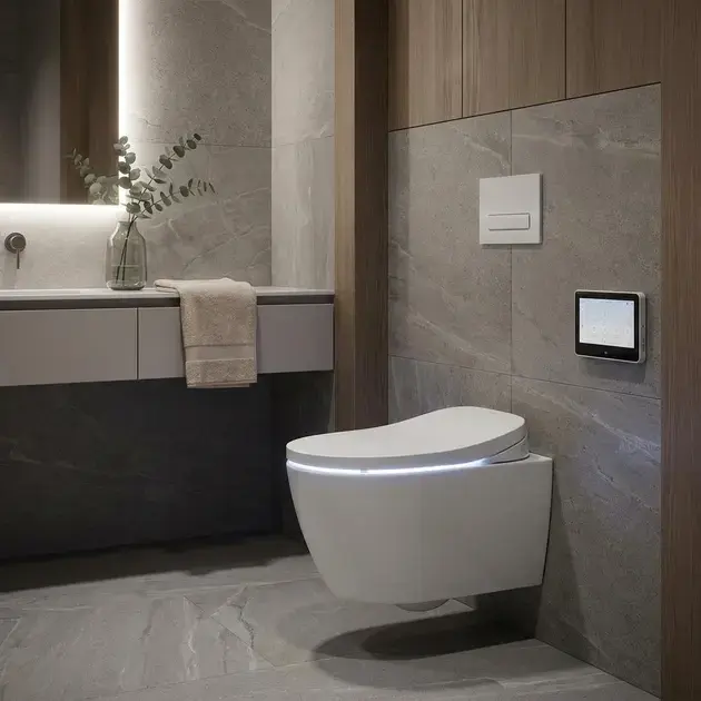 Banheiro inteligente com tecnologia e vaso sanitário inteligente com design moderno