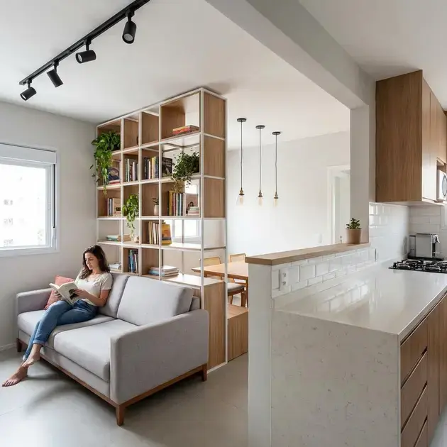 Móveis baixos e estante vazada organizando ambientes integrados para pequenos espaços com iluminação aconchegante