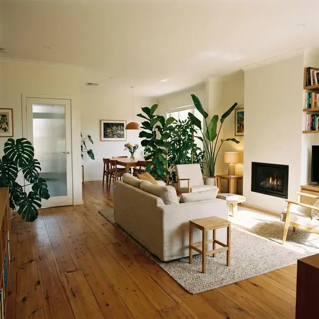 Ambientes integrados para pequenos espaços com plantas, piso contínuo e portas de vidro mantendo amplitude