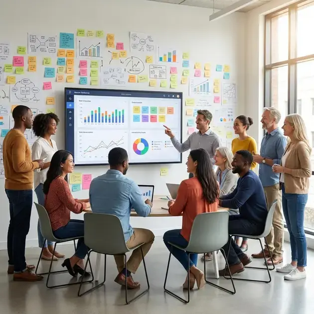 Equipe planejando ambientes multifuncionais com móveis sob medida em projeto colaborativo