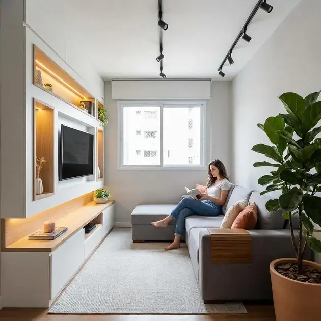 Sala integrada com ambientes personalizados móveis planejados e iluminação bem distribuída