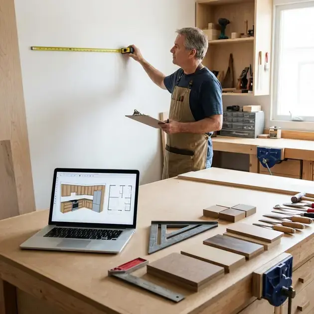 Profissional planejando ambientes personalizados móveis planejados com medições e projeto em planta