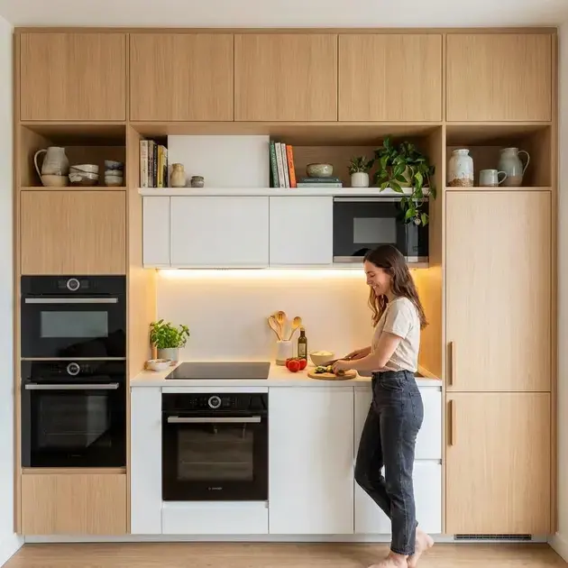 Apartamento pequeno com ambientes personalizados móveis planejados, cores neutras e iluminação bem distribuída