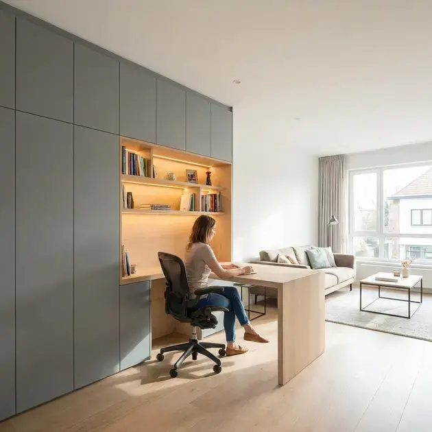 Layout funcional com móveis sob medida otimizando ergonomia e armazenamento inteligente