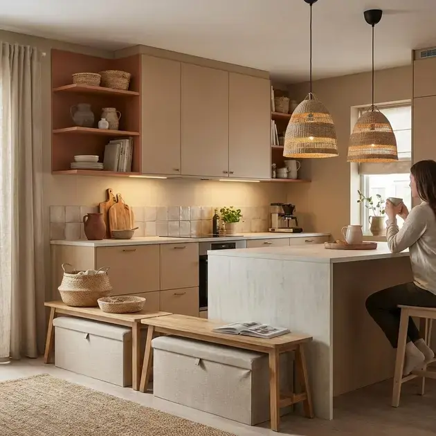 Materiais naturais e iluminação quente compondo ambientes únicos com móveis sob medida