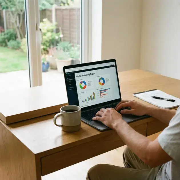 Ambiente produtivo em casa organizado com mesa, computador e materiais de trabalho