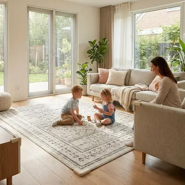 Sala de estar adaptada como ambiente seguro para crianças em casa com proteção e conforto