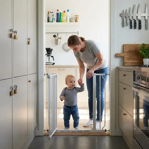 Armário alto com trava de segurança para criar ambiente seguro para crianças em casa e guardar produtos de limpeza