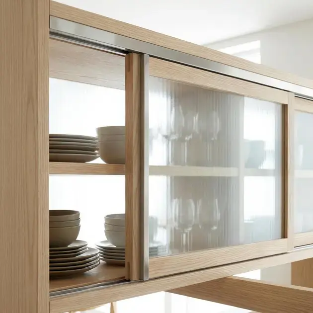 Materiais claros e vidro em armários planejados para cozinha pequena