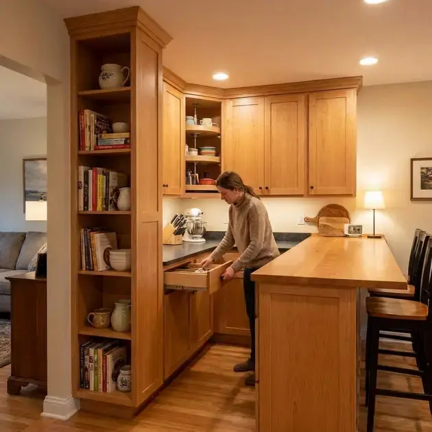 Armários planejados para cozinha pequena americana integrada à sala