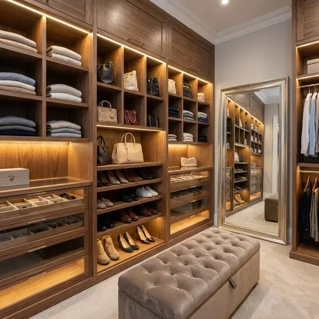 Closet planejado sob medida com marcenaria personalizada e excelente aproveitamento de espaço