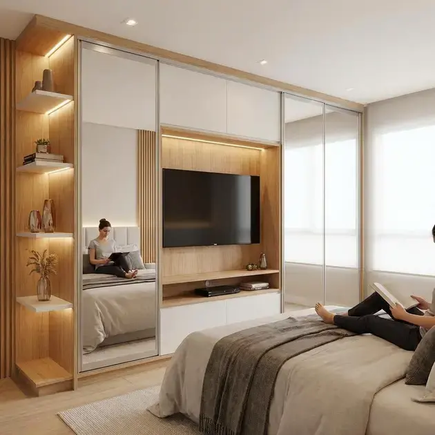 Quarto com armários planejados sob medida e dormitório completo com acabamento clean
