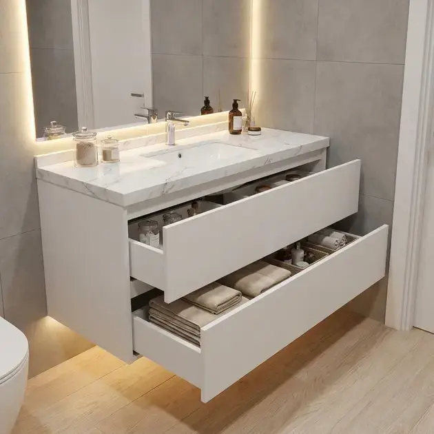 Banheiro moderno com armários sob medida para banheiros bem organizados