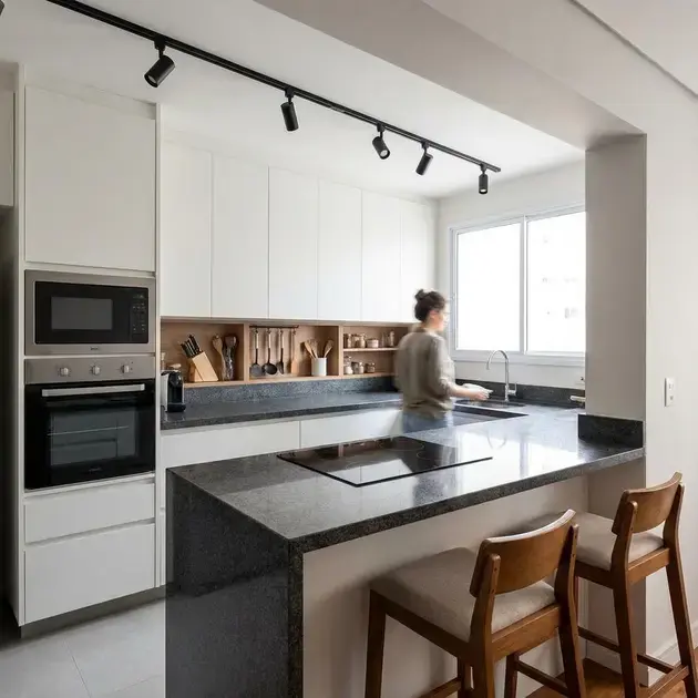 Cozinha planejada pequena com bancada integrada a móveis sob medida