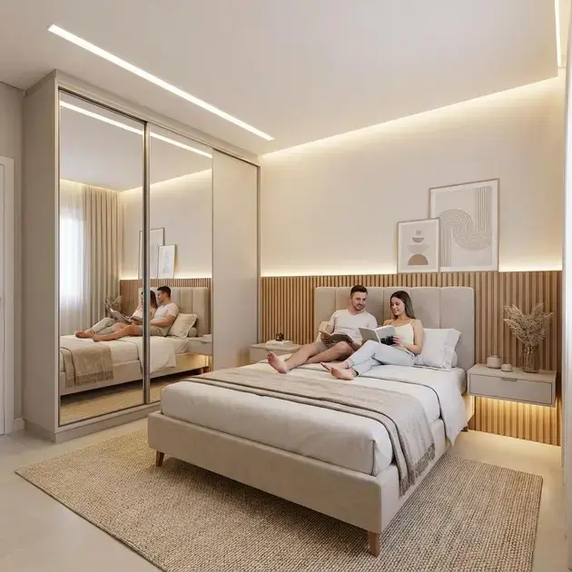 Dormitório de casal planejado com móveis sob medida integrados ao banheiro