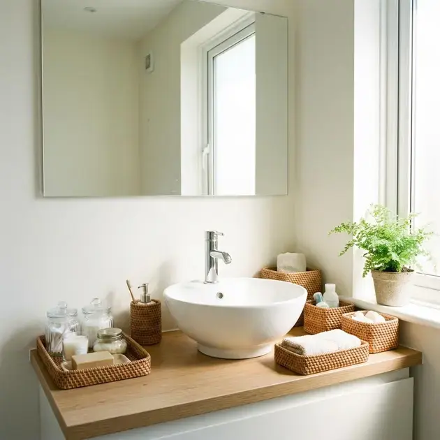 Organizadores, plantas e iluminação natural em banheiros pequenos com estilo