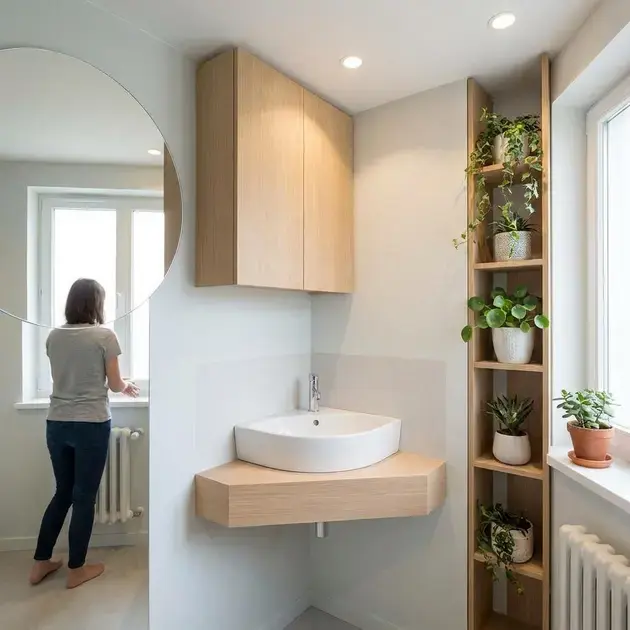 Banheiros compactos com decoração moderna usando pia compacta, gabinete suspenso e plantas discretas