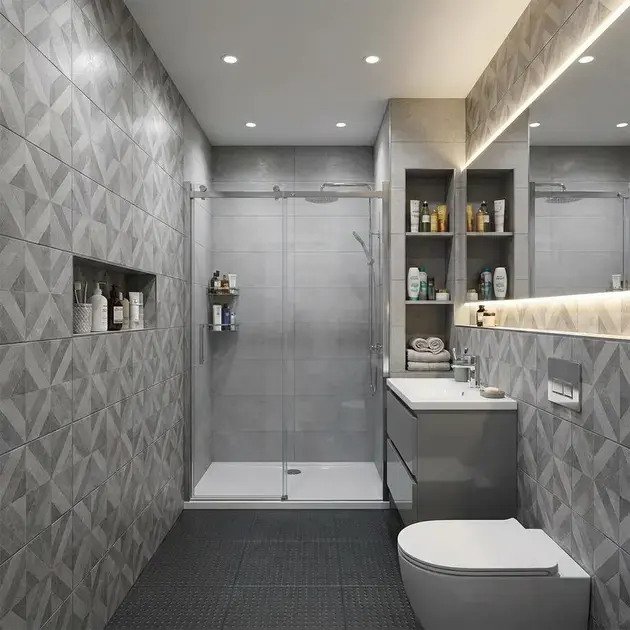 Banheiros compactos com decoração moderna usando box de vidro, portas de correr e organização inteligente